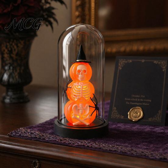 Unique Halloween Gift Decoration, Lighted Skeleton in Clear Dome Cloche with Warm Glow, Battery Year-round Decor Operated Skull Lamp Witch Hat