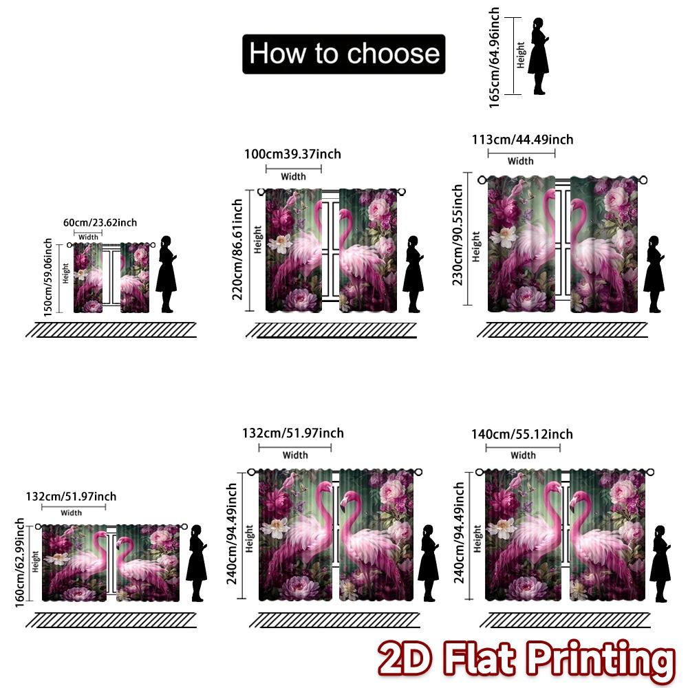 2D Flat Printing 2pcs Curtain Window Treatment Curtains Valentine Flamingos and Flowers Digital Printed Polyester Drapes Festive