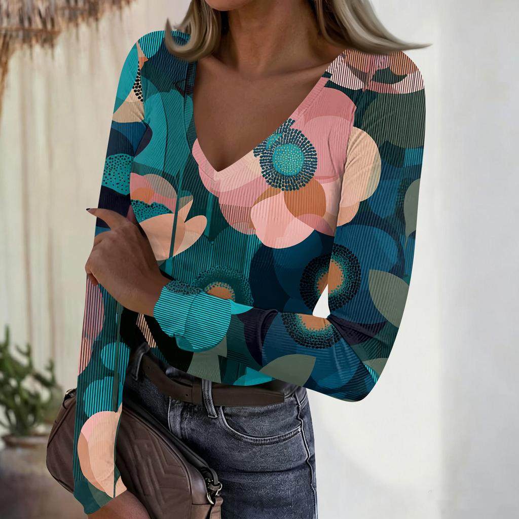 Women's Casual V-Neck Vintage Print Long Sleeve Ribbed Top for Fall and Everyday Wear