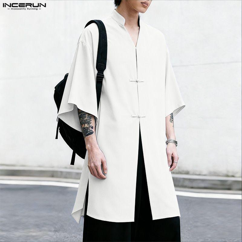 INCERUN Oversized Summer Men V Neck Half Sleeve Splits Casual Long T-shirts Tee Tops