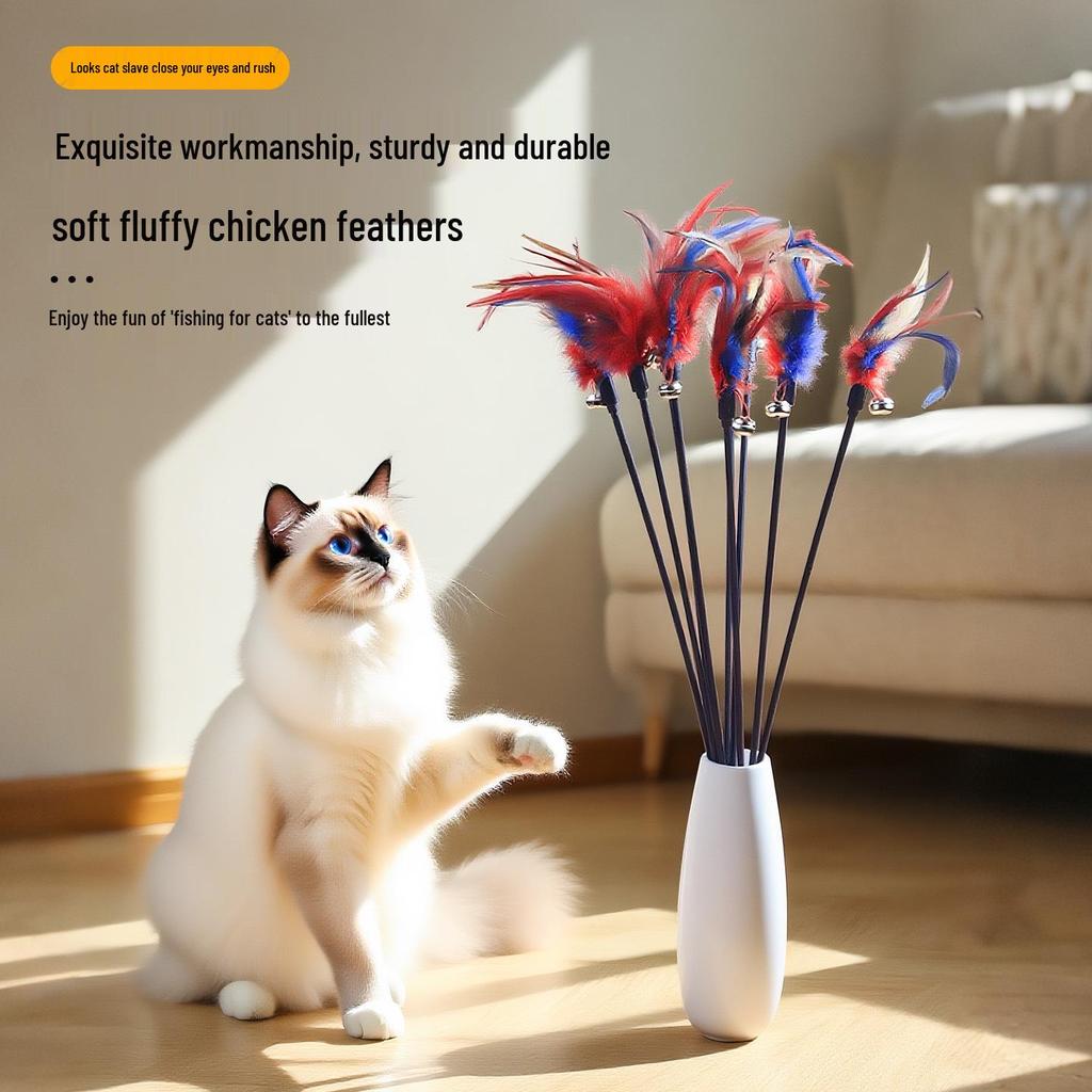 Colorful Feather Cat Teaser Wand with Bell - Interactive Toy for Boredom Relief