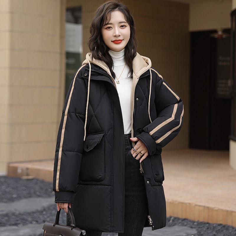 Χαλαρό Ζεστό Χειμωνιάτικο Πουπουλένιο Βαμβακερό Παλτό Γυναικείο Μακρύ Μπουφάν με Γέμιση Ψεύτικο Δύο Κομματιών Χοντρό Χειμωνιάτικο Παλτό