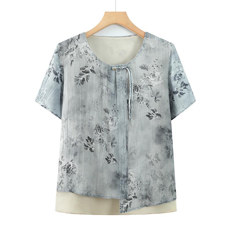 

Retro Ethnic Patchwork Pullover for Women - Plus Size, Loose Fit, Summer Style XL (90-110 jin) синій
