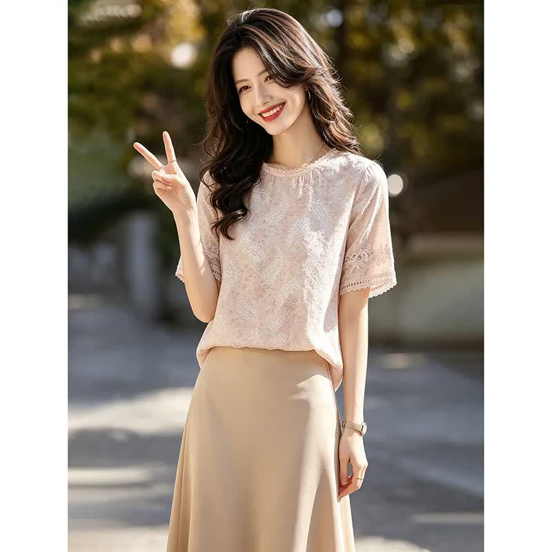Women's Lyocell Embroidered Lace Short Sleeve Blouse