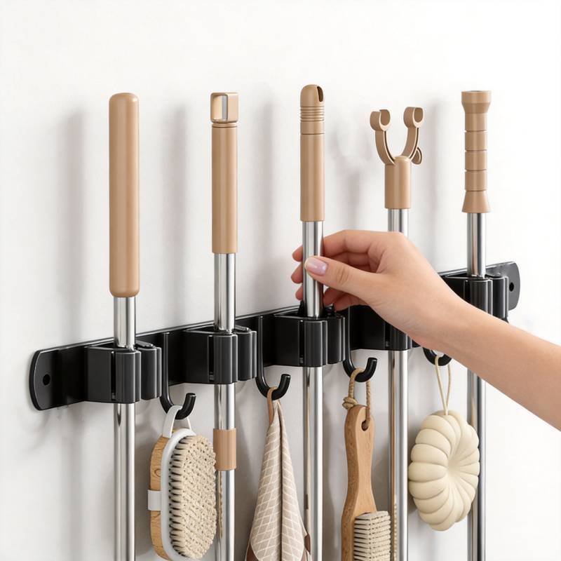 Moderner Edelstahl-Wischmopp-Haken Wandhaken mit doppelter Nutzung Bohrerfreies Design für die Organisation zu Hause