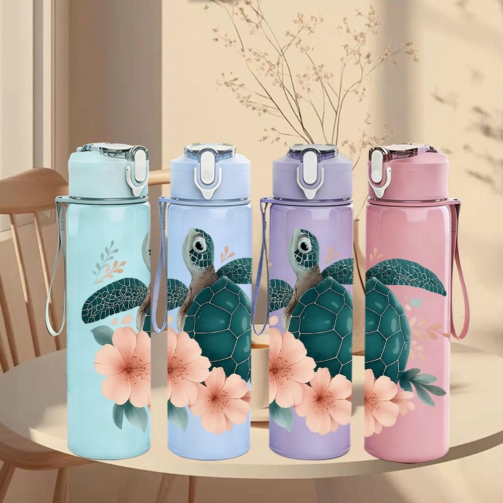 1 Stück Florales Meeresschildkröten-Print 750ml Farbe Kunststoff Sport-Wasserflasche Auslaufsicher Klappdeckel mit Strohhalm Geeignet für Sport Büro Heimgebrauch