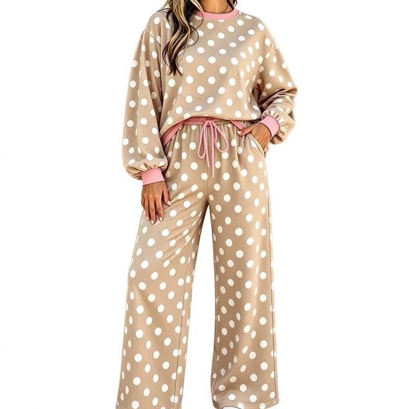 Womens Polka Dot Casual Two-Piece Set With Multiple Pockets Long Sleeve Hoodie Pants Soft Stretch Fabric