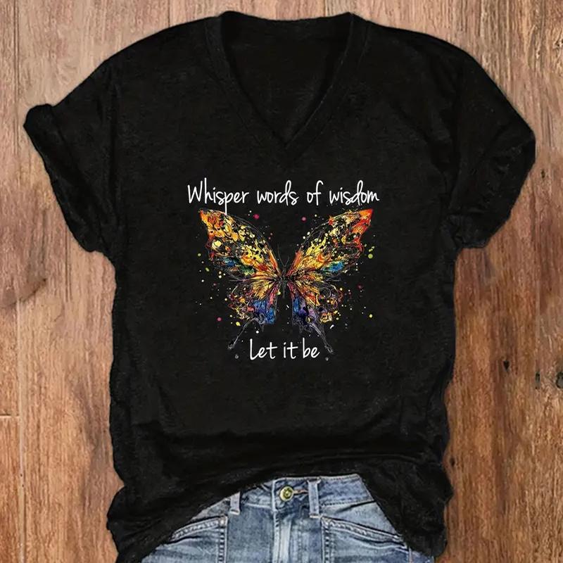 Fashion Colorful Butterfly Painting Blouses Short Sleeved V-Neck T Shirts Casual