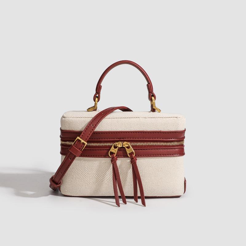 Kompakte boxförmige Umhängetasche mit Canvas-Lederdetails, Handtasche mit Doppelreißverschluss für Kosmetika, Schultertasche für den täglichen Weg