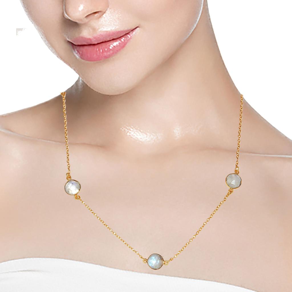 Necklace Moonstone Feceted Gemstone HandmadeAntique Silver Jewelry 34''
