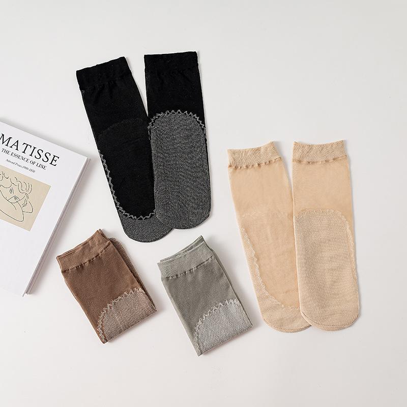 5 Pairs of Cotton-bottom Moisture-absorbing Silk Stockings - Summer Lightweight, Breathable Women's Solid-color Anti-slip Crystal Stockings