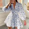 Summer V-Neck Lace Long Sleeve Dress Floral Printed Slim Fits Sexy Dress Sweet High Waist A-line Mini Dress