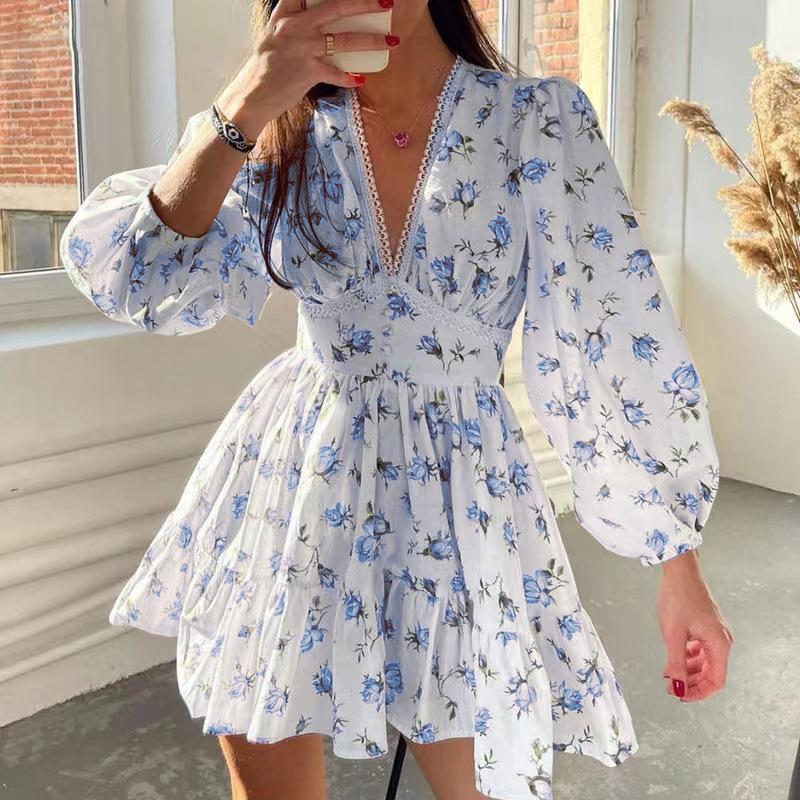 Summer V-Neck Lace Long Sleeve Dress Floral Printed Slim Fits Sexy Dress Sweet High Waist A-line Mini Dress