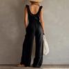 Women's Sleeveless V Neck Jumpsuit with Zipper Front Pockets Ruffle Details Wide Leg Casual Vintage Style Romper