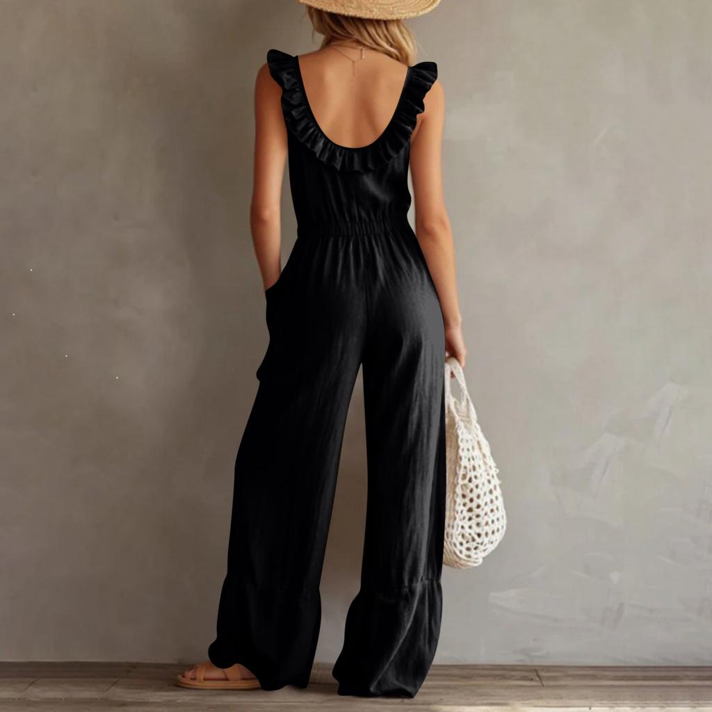 Women's Sleeveless V Neck Jumpsuit with Zipper Front Pockets Ruffle Details Wide Leg Casual Vintage Style Romper