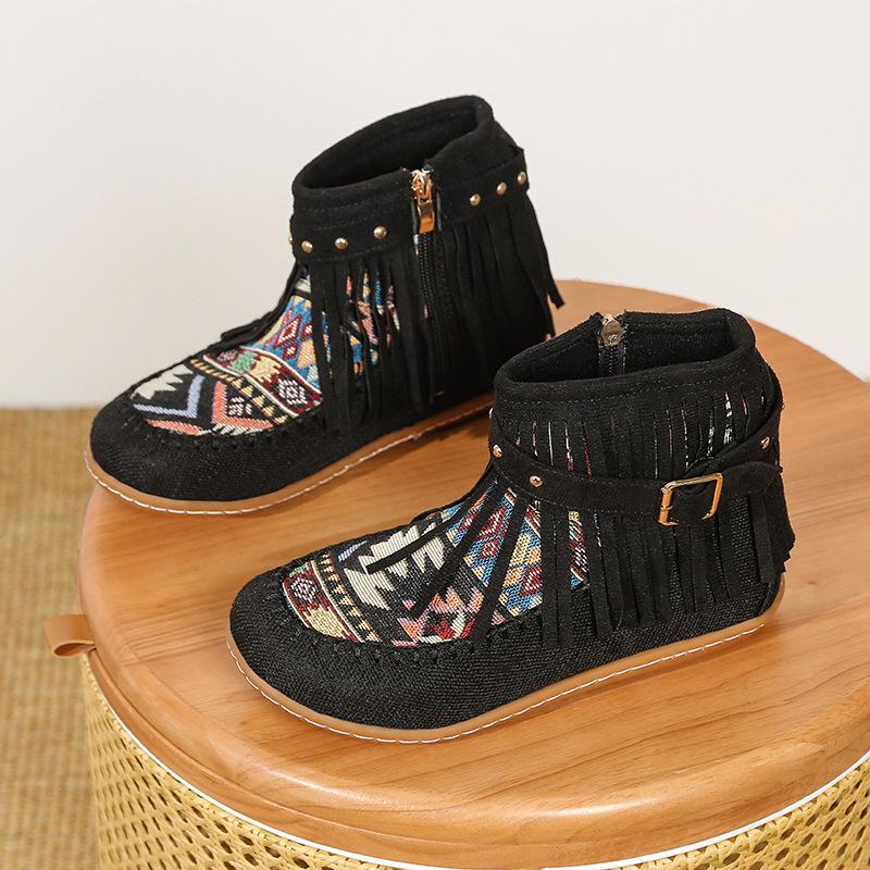 Fashion 2025 Autumn Niche National Style Tassel Short Boots for Women Casual and Comfortable Versatile Thick Soled Women's Short Boots