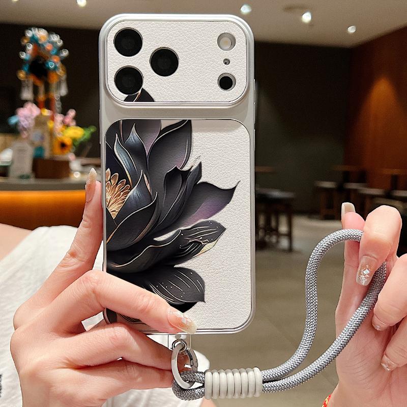 Black Lotus Floral Leather Lanyard Case For iPhone 18 Pro Max Hybrid TPU+PU Anti-skid Soft Cover For iPhone 17 16 15 14 13 Pro Max