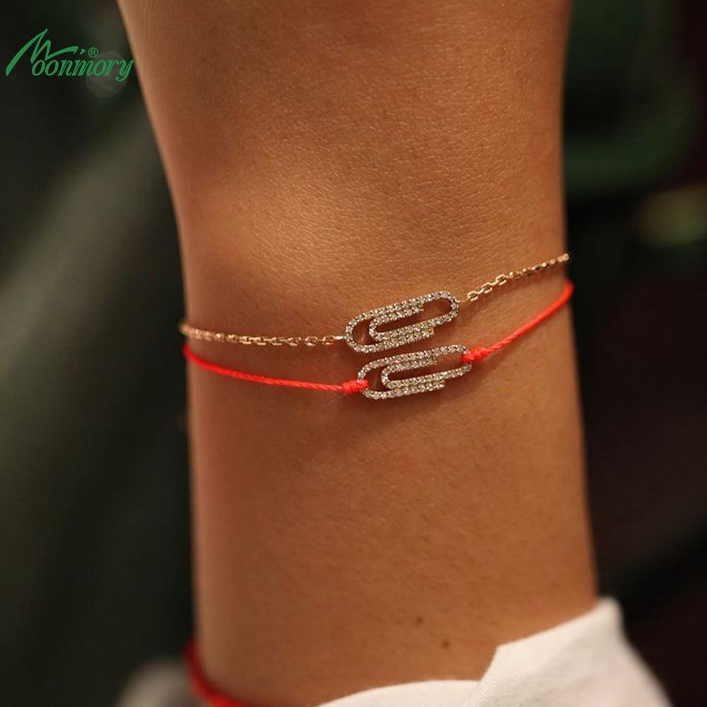 Moonmory 925 Sterlingsilber Büroklammer Rotes Seil Armband Für Frauen Glänzender Kristall Handgelenksband Europäischer Schmuck Weihnachtsgeschenk