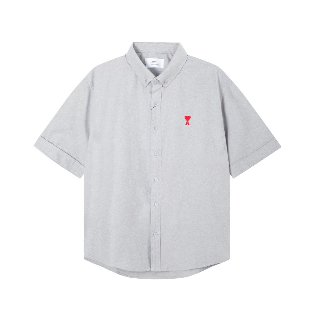 AMI Men's Classic Spring and Autumn Red Heart Embroidered Casual Cotton Solid Color Short Sleeve Shirt On the Chest