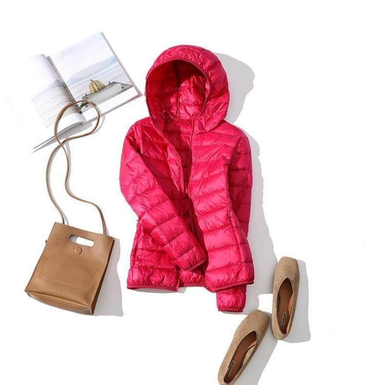 Giacca da donna invernale in piumino, slim, calda, ultraleggera, taglie forti, con cappuccio, cappotto corto, piuma d'anatra bianca, capospalla, autunno