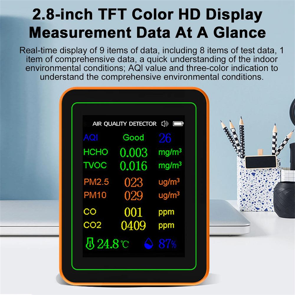 10 in 1 Air Quality Monitor PM2.5 PM10 CO CO2 TVOC HCHO AQI Temperature Humidity & Curve View Tester CO2 Meter 2.8inch Display
