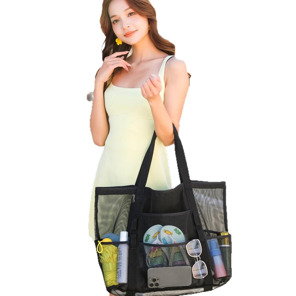 Mesh Beach Tote Bag with Zipper Pocket Family Travel Vacation Cruise Toy Pool Bag 