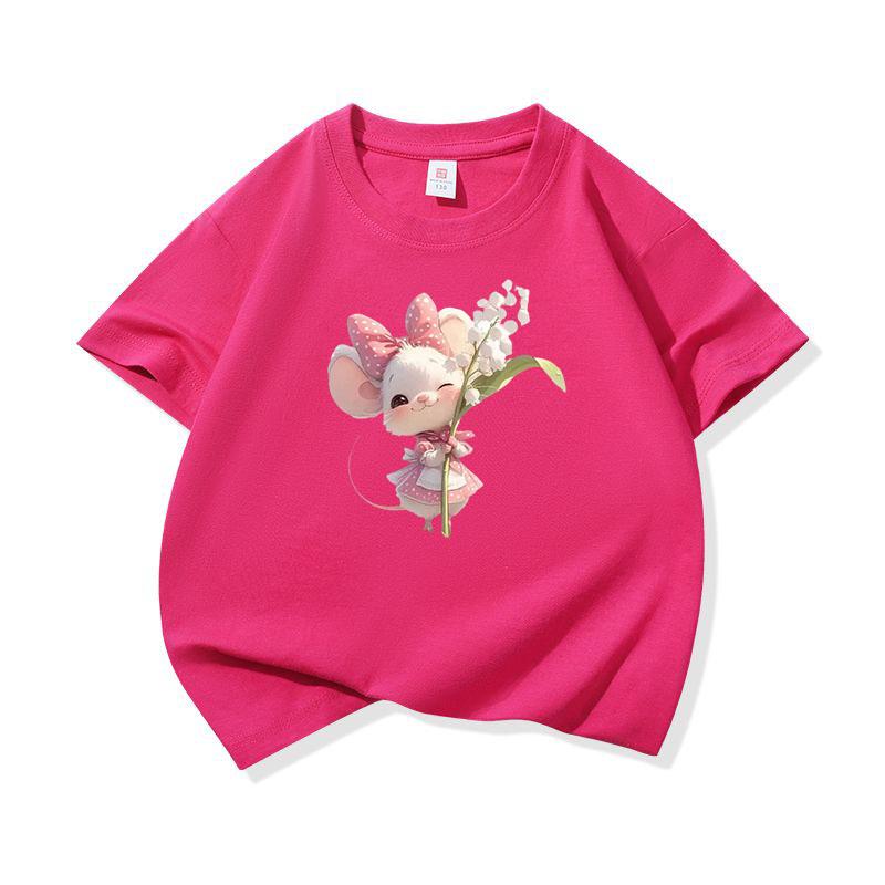 Kids Cotton T Shirt Sweet Mouse With Lily Flower Print Crew Neck Short Sleeve Tee Casual Boys Girls Summer Tops