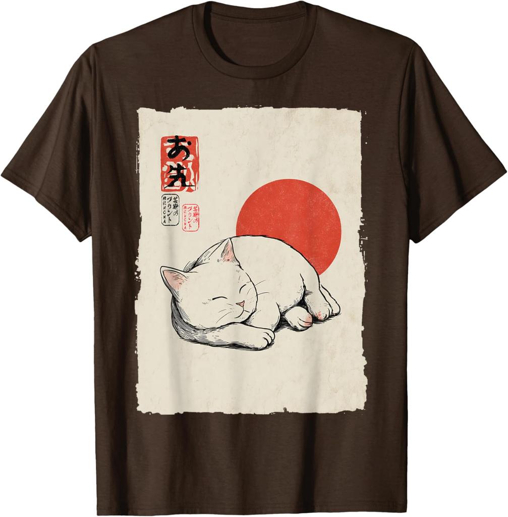 Gatto Bianco Dormiente Arte Giapponese Stile Ukiyo E Maglietta Grafica Casual in Cotone