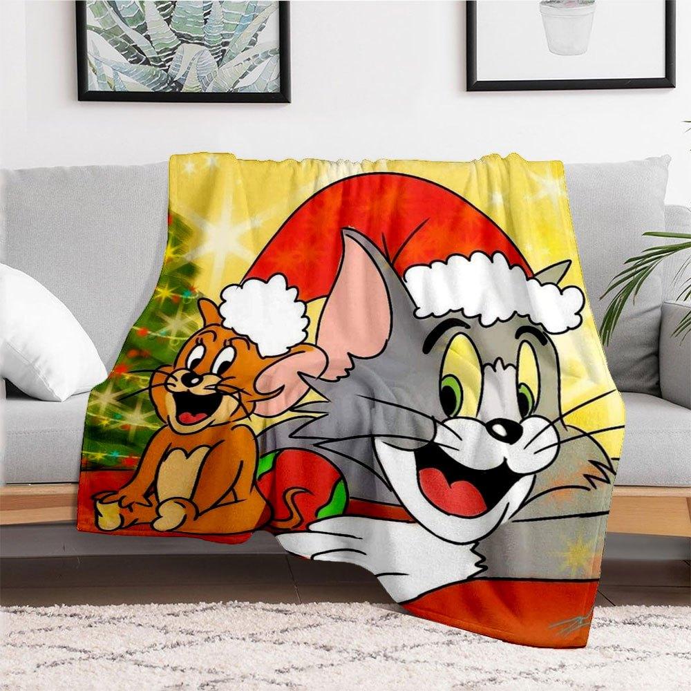 Tom & Jerry Sfondo per Telefono di NataleCoperta Plaid in Flanella per Divano, Letto, Viaggio, Campeggio, Ufficio