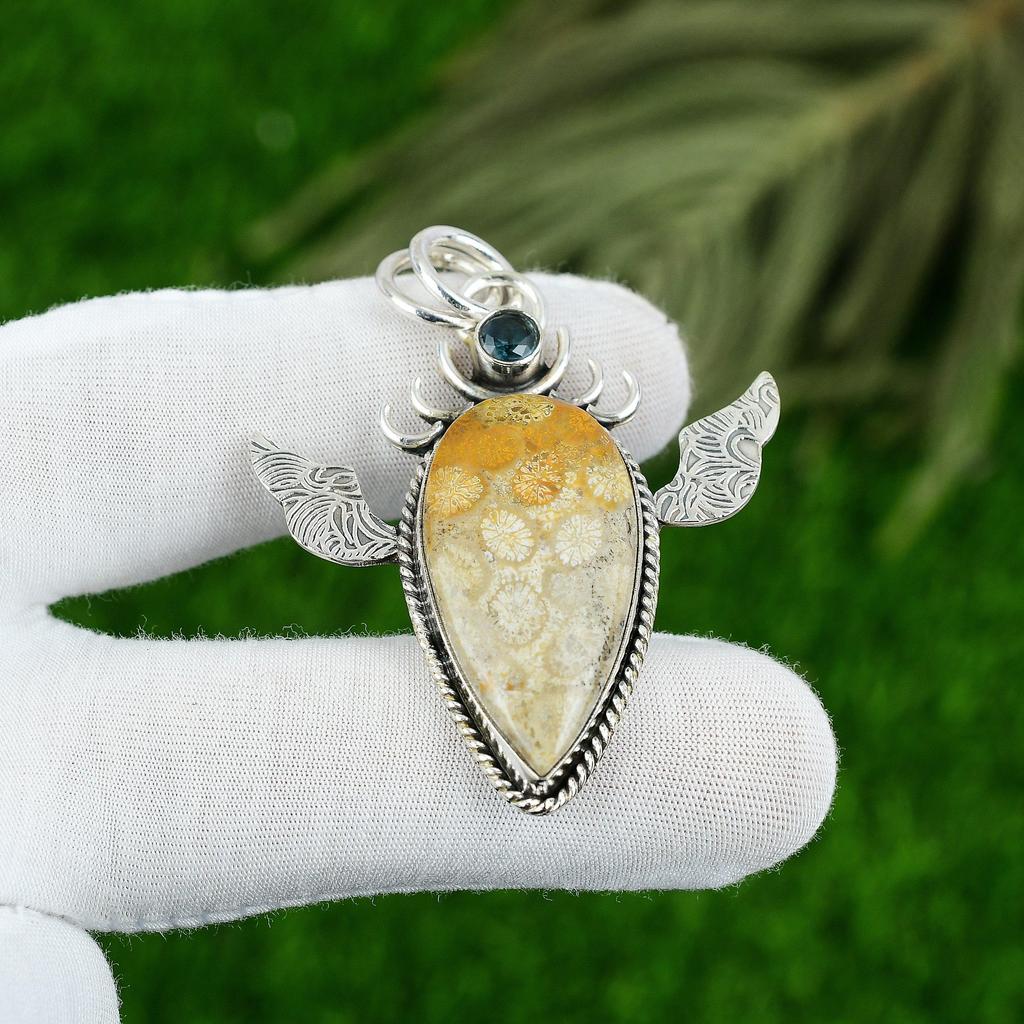 Daughters Day Deal Natural Fossil Coral Amethyst Sterling Silver Wife Pendant