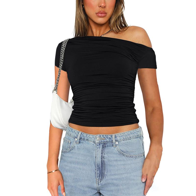 

High Elasticity Fabric Solid Color Slash Shoulder Short Sleeve Shrinkage Pleated Navel Reveal Top Ladies Casual Tops S чорний