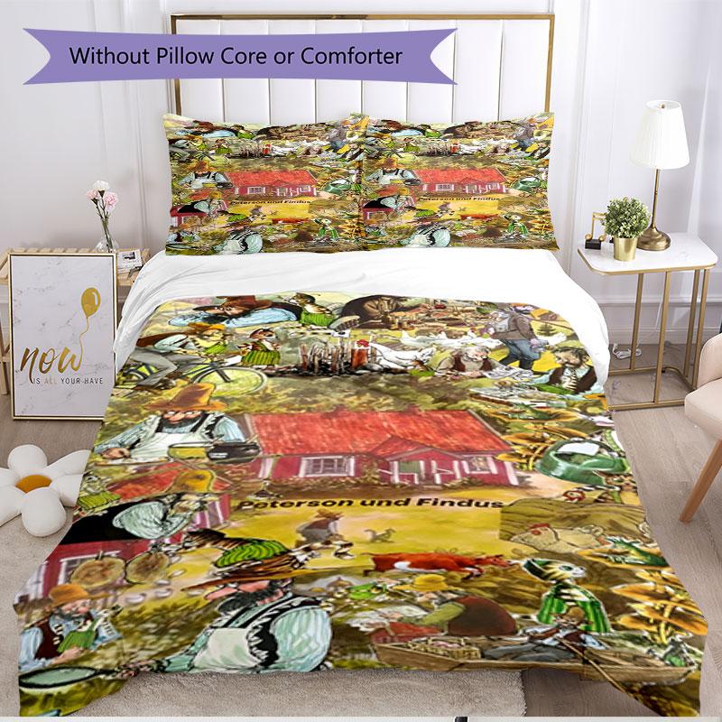 3pcs Duvet Cover Set (1*Duvet Cover + 2*Pillowcase, Without Core), Pettersson und Findus Print Soft All‑Season Bedding Set, Home Bedroom Decor Gift