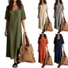 Women V Neck Loose Fit Maxi Dress Cotton Linen Bohemian Style Short Sleeve Summer Casual Long Dress with Pockets