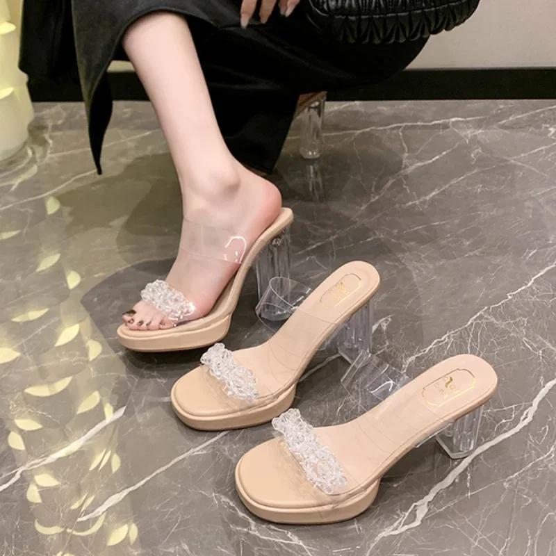 Women's Summer round Toe Square Heel Breathable High Heel Slippers Elegant Sexy PVC Crystal Fashion Shoes
