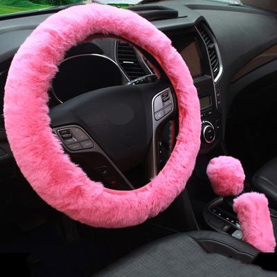 Auto Lenkradbezug Schalthebel Handbremsbezug Schutz Dekoration Warm Dick Plüschkragen Weich Schwarz Rosa Frauen Mann