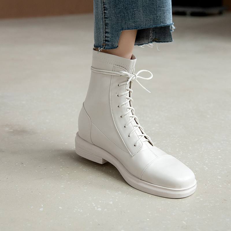 Krazing Pot Skórzane buty zimowe z okrągłym noskiem, grube, niskie obcasy, motocyklowe, damskie, sznurowane, duży rozmiar 43, botki