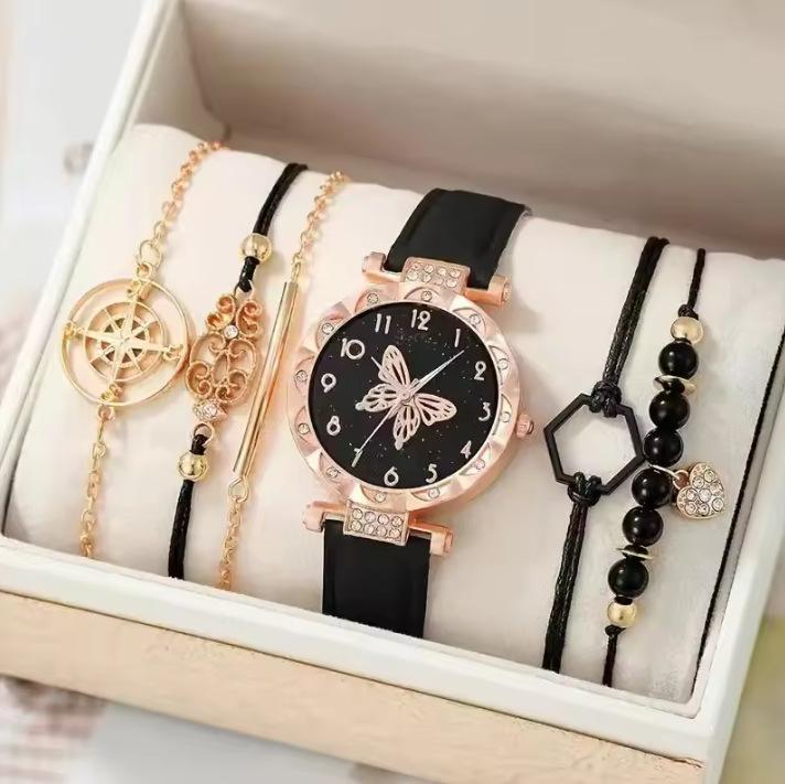 New Women'S Diamond Dial Belt Quartz Watch Beaded Bracelet 6-Piece Set Popular Women
