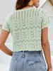 Women Crop Cardigan V Neck Short Sleeves Hollow Out Scalloped Knitted Short Casual Tops