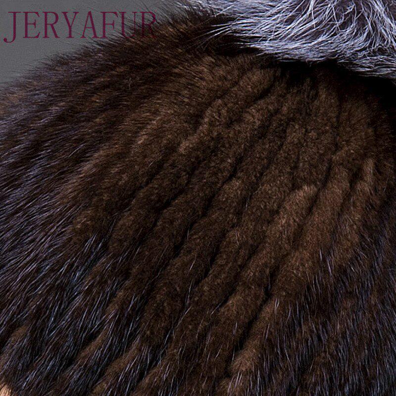 JERYAFUR Módní zimní čepice Teplá dámská pletená čepice Norková čepice s vertikální tkanou liščí bambulí lyžařská čepice