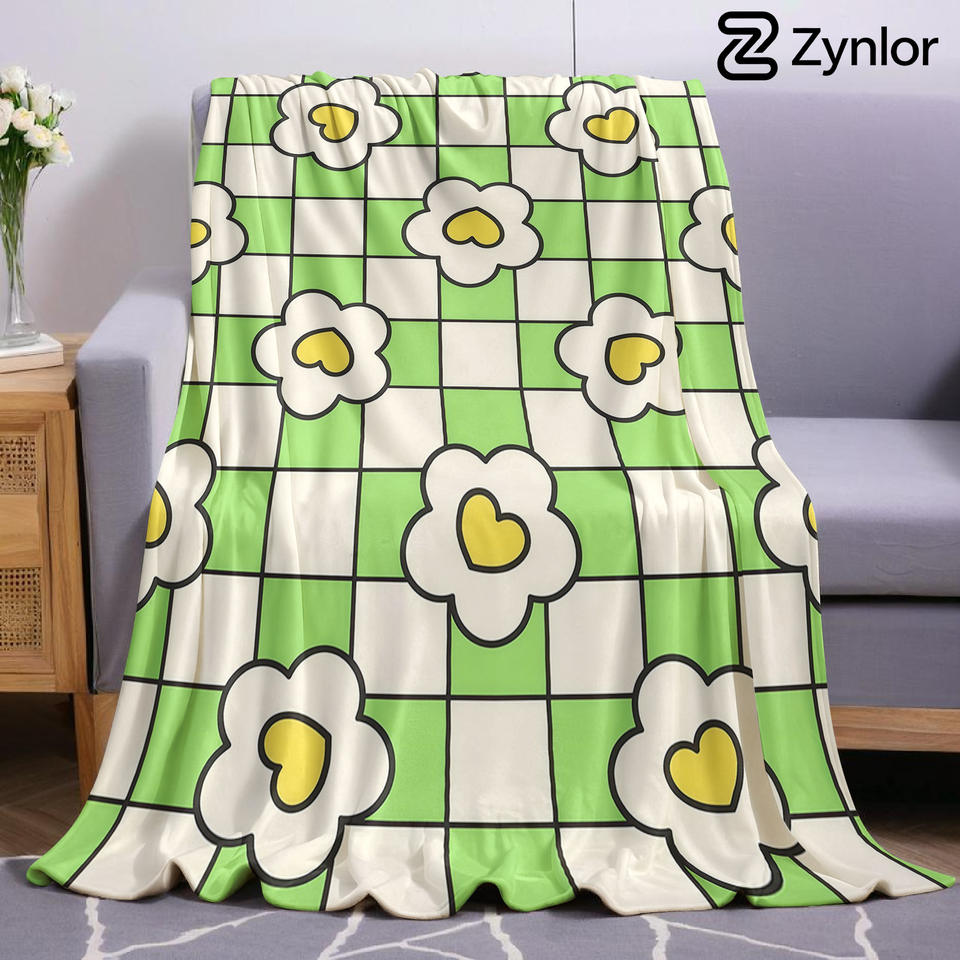 Green Check Heart Flower Ultra Soft Sherpa Fleece Blanket Fluffy Warm Halloween Cozy Throw for Sofa Couch Bedroom All season