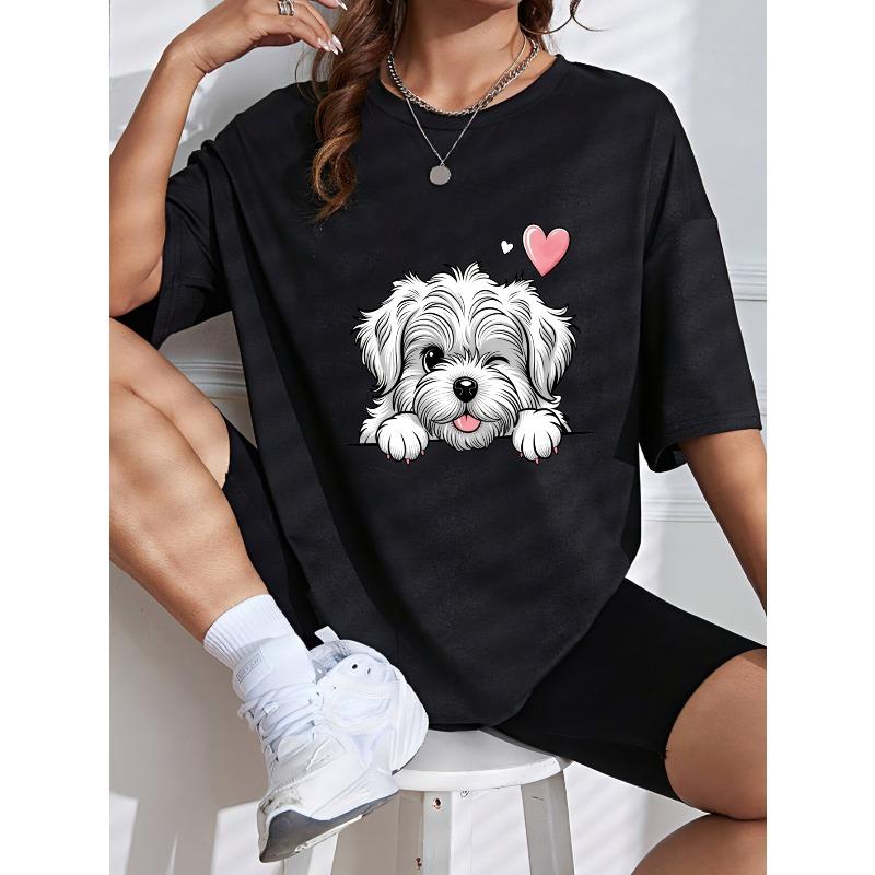 Cute Dog Print T-Shirt White Shih Tzu Puppy With Heart Design Casual Everyday Wear For Women