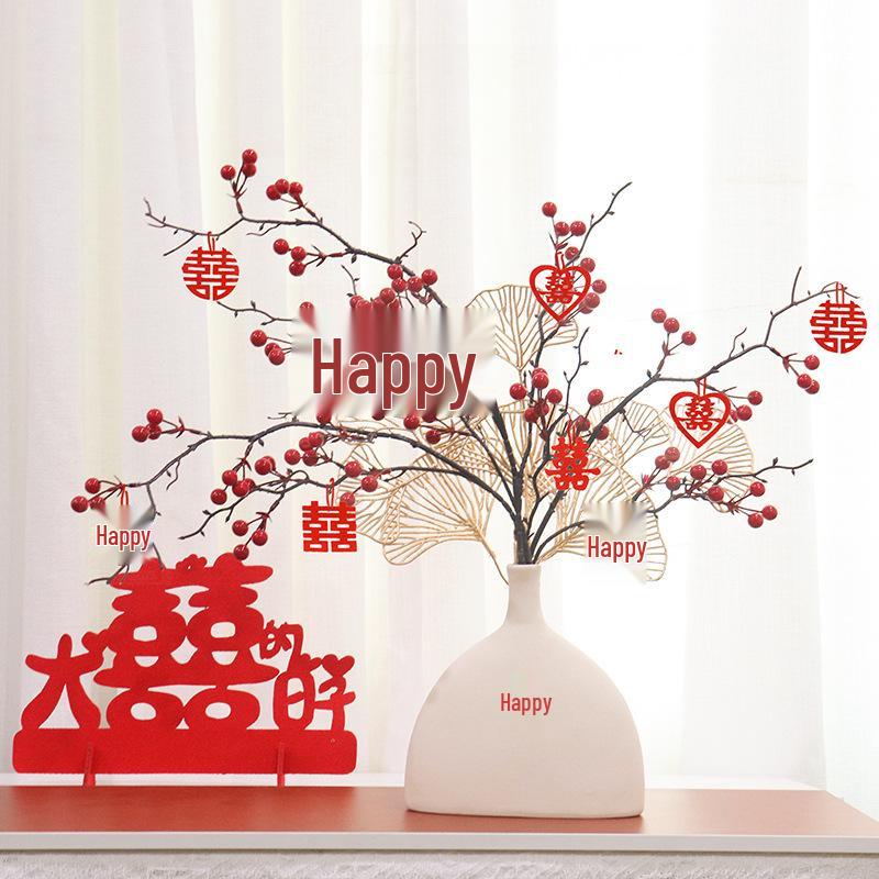 Red Berry Bonsai Scene Ornament for Wedding and Living Room Decor
