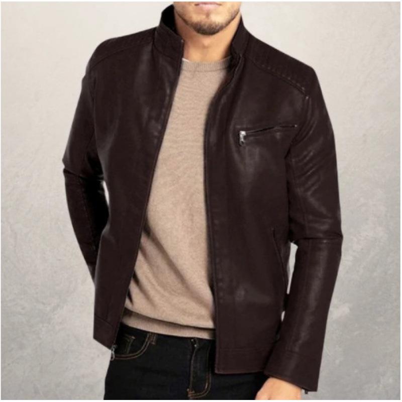 European & American Men's PU Leather Motorcycle Jacket - Stand Collar Punk Style for Teens & Adults.