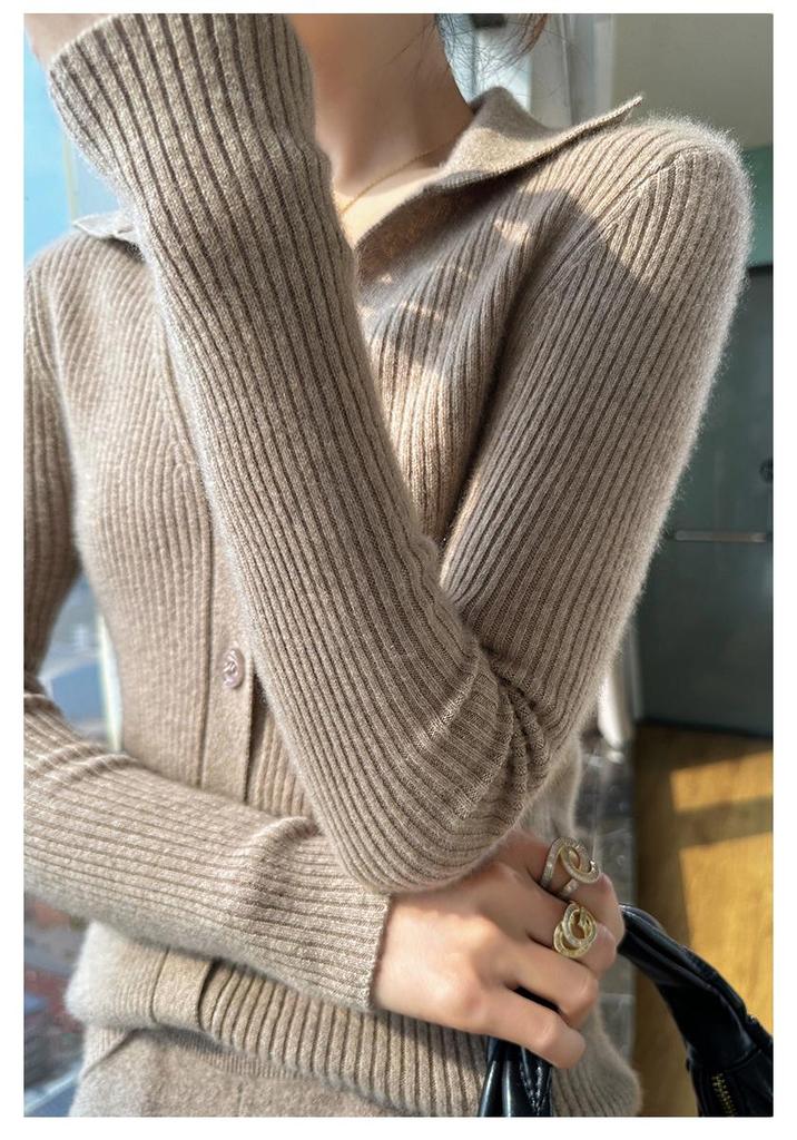 2024 Autumn/Winter Wool Lapel Cardigan with Pockets - Seven-Stitch, Thick, Solid Color Knitwear