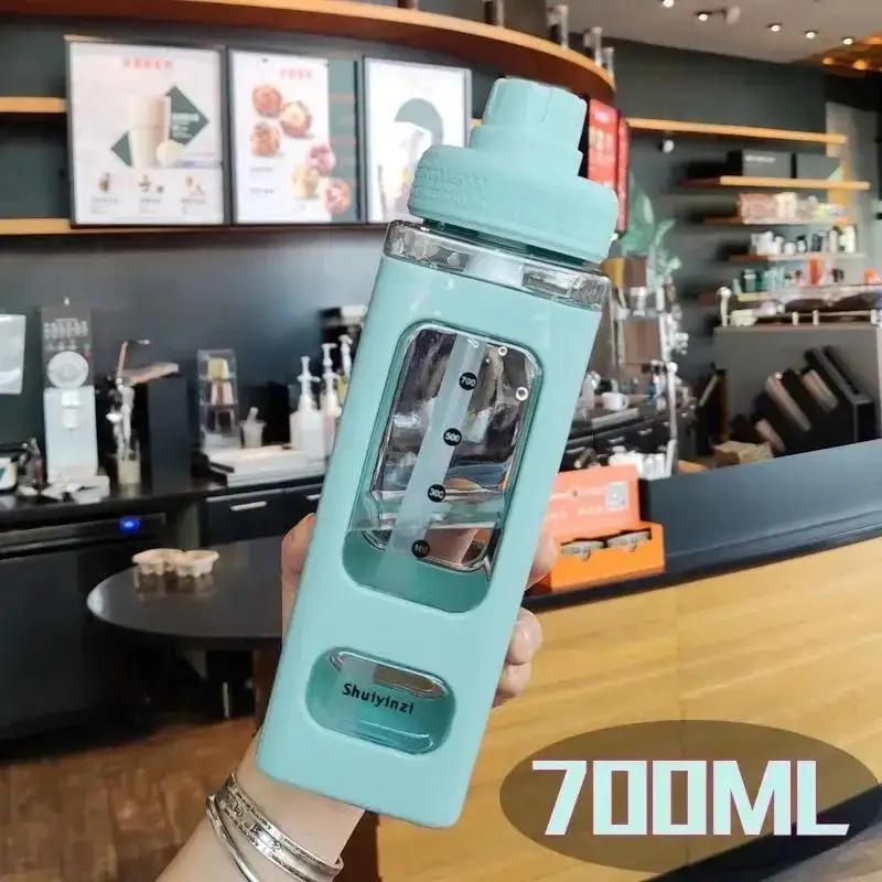 New 700/900ml Summer Water Bottle With Straw Clear Scale Plastic Portable School Drinking Bottle Student Juice Tea Water Cups
