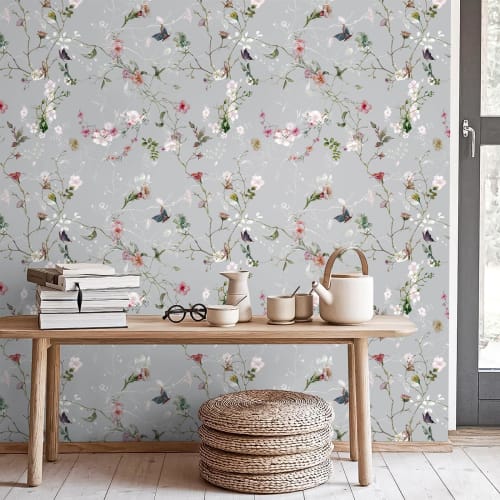 VEELIKE Floral Wallpaper Stickers, Japanese Style, Plum Blossoms and Butterflies, Gray, Remake Sheet, Cutting Sheet, Renovation, Interior Decor, Wallp