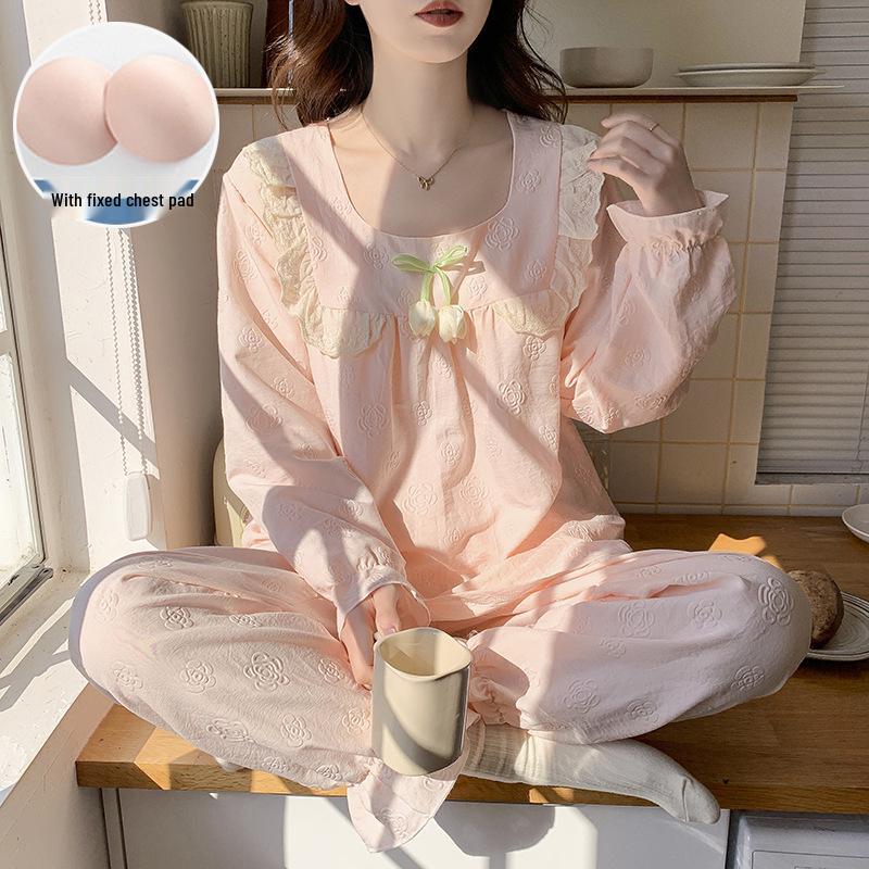Women's Long Sleeve Pajama Set with Chest Pads, Princess Style, Sweet Home Wear, Spring/Autumn, 2-Piece, Suitable for Outdoors.