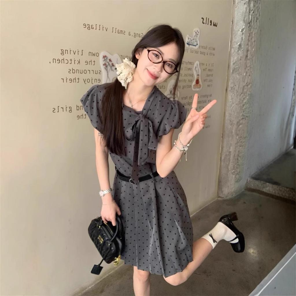 French Gray Polka Dot Bubble Sleeve Dress Women's Summer Bow Design Sense Temperament Sweet Waist Short Skirt