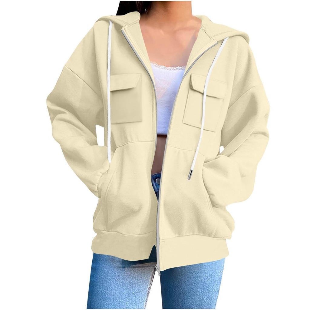 Women's Plain Zip-Up Hoodie - Oversized Long Sleeve Hooded Sweatshirt for Street Casual Wear
