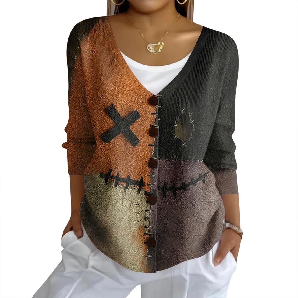 Women's Fashion Casual Knit Sweater Button-Up Halloween Printed  Cardigan Jacket